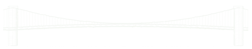 Chalk drawing of a suspension bridge: two rigid towers joined by long cables.